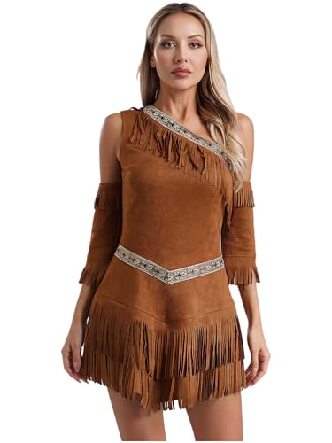 CHICTRY Indianer Kostüm Damen Kleid Ein Schulter Wildleder Kleid Braun Fransenkleid Mit Armstulpen 60er 70er Jahre Hippie Kostüm Braun XXL CHICTRY Indianer Kostüm Damen Kleid Ein Schulter Wildleder Kleid Braun Fransenkleid Mit Armstulpen 60er 70er Jahre Hippie Kostüm Braun XXL von CHICTRY