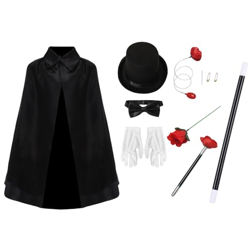 CHICTRY Jr Magier Kostüm Set mit Umhang, Weste, Hut, Handschuhe, Fliege und Zauberstab für Cosplay Party Tippe I One Size von CHICTRY