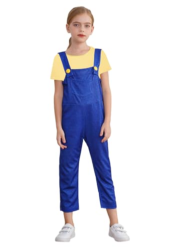 CHICTRY Karneval Kostüm Kinder Minion Gelbes Top Kurzarm Shirt Blaue Latzhose Overall Fasching Fastnacht Mottoparty Cosplay Outfit Gelb 122-128 von CHICTRY