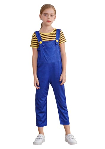 CHICTRY Karneval Kostüm Kinder Minion Gelbes Top Kurzarm Shirt Blaue Latzhose Overall Fasching Fastnacht Mottoparty Cosplay Outfit Gelbe Streifen 122-128 von CHICTRY