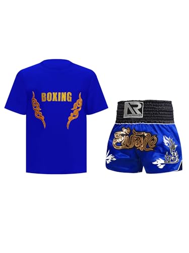 CHICTRY Kinder Junge Boxer Shorts Wushu Kleidung Set Kurzarm Kickboxen T-shirt Boxing Shorts Muay Thai Kampfsport Trainingsanzug Blau 134-140 von CHICTRY