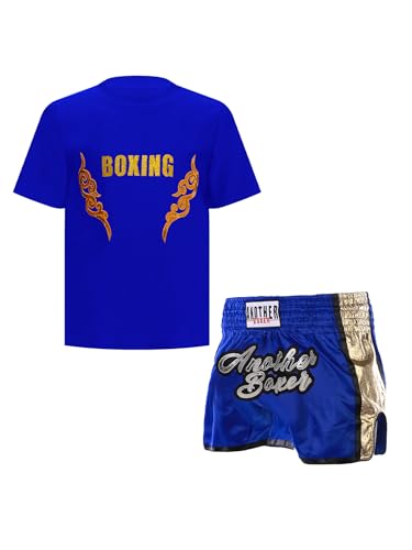 CHICTRY Kinder Junge Boxer Shorts Wushu Kleidung Set Kurzarm Kickboxen T-shirt Boxing Shorts Muay Thai Kampfsport Trainingsanzug Blau A 146-152 von CHICTRY