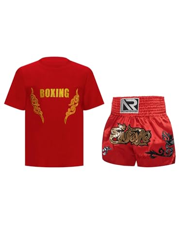 CHICTRY Kinder Junge Boxer Shorts Wushu Kleidung Set Kurzarm Kickboxen T-shirt Boxing Shorts Muay Thai Kampfsport Trainingsanzug Rot 170 von CHICTRY