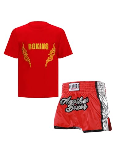 CHICTRY Kinder Junge Boxer Shorts Wushu Kleidung Set Kurzarm Kickboxen T-shirt Boxing Shorts Muay Thai Kampfsport Trainingsanzug Rot A 146-152 von CHICTRY