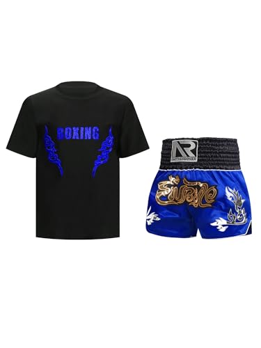 CHICTRY Kinder Junge Boxer Shorts Wushu Kleidung Set Kurzarm Kickboxen T-shirt Boxing Shorts Muay Thai Kampfsport Trainingsanzug Schwarz Blau 158-164 von CHICTRY