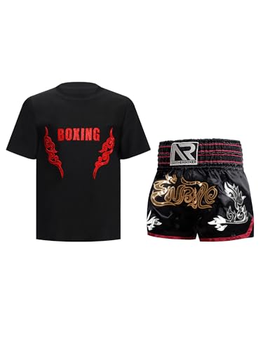 CHICTRY Kinder Junge Boxer Shorts Wushu Kleidung Set Kurzarm Kickboxen T-shirt Boxing Shorts Muay Thai Kampfsport Trainingsanzug Schwarz Rot 158-164 von CHICTRY