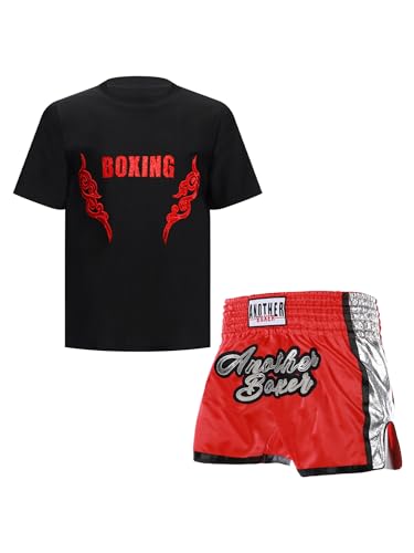 CHICTRY Kinder Junge Boxer Shorts Wushu Kleidung Set Kurzarm Kickboxen T-shirt Boxing Shorts Muay Thai Kampfsport Trainingsanzug Schwarz Rot A 158-164 von CHICTRY