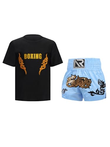 CHICTRY Kinder Junge Boxer Shorts Wushu Kleidung Set Kurzarm Kickboxen T-shirt Boxing Shorts Muay Thai Kampfsport Trainingsanzug Schwarz & Gold & Hellblau 170 von CHICTRY