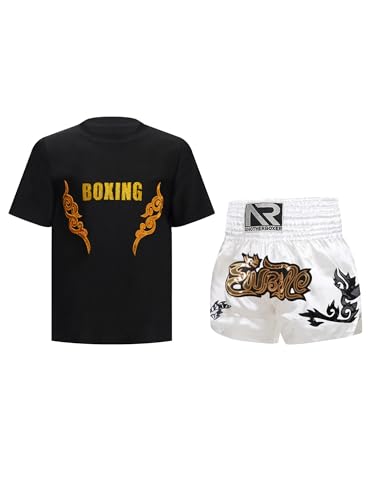 CHICTRY Kinder Junge Boxer Shorts Wushu Kleidung Set Kurzarm Kickboxen T-shirt Boxing Shorts Muay Thai Kampfsport Trainingsanzug Schwarz & Gold & Weiß 122-128 von CHICTRY