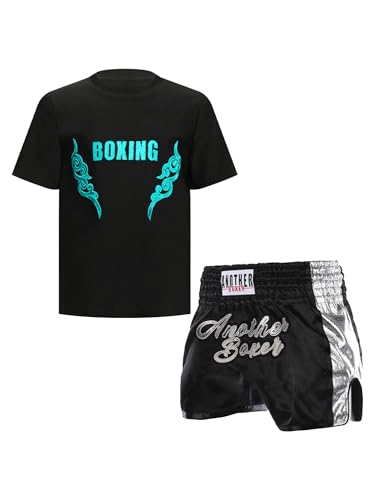 CHICTRY Kinder Junge Boxer Shorts Wushu Kleidung Set Kurzarm Kickboxen T-shirt Boxing Shorts Muay Thai Kampfsport Trainingsanzug Schwarz & Hellblau A 134-140 von CHICTRY