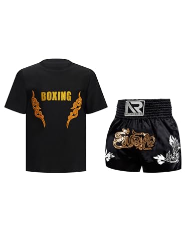CHICTRY Kinder Junge Boxer Shorts Wushu Kleidung Set Kurzarm Kickboxen T-shirt Boxing Shorts Muay Thai Kampfsport Trainingsanzug Schwarzes Gold 158-164 von CHICTRY