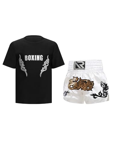 CHICTRY Kinder Junge Boxer Shorts Wushu Kleidung Set Kurzarm Kickboxen T-shirt Boxing Shorts Muay Thai Kampfsport Trainingsanzug Schwarzes Silber 146-152 von CHICTRY