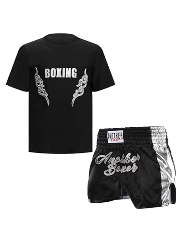 CHICTRY Kinder Junge Boxer Shorts Wushu Kleidung Set Kurzarm Kickboxen T-shirt Boxing Shorts Muay Thai Kampfsport Trainingsanzug Schwarzes Silber A 146-152 von CHICTRY