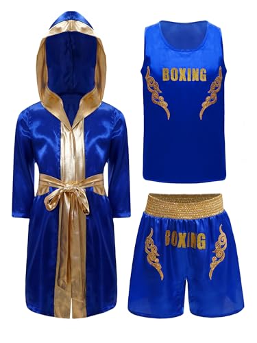 CHICTRY Kinder Jungen Boxer Kickboxer Kostüm Langarm Satin Kapuzen Robe + Ärmellos Sport T-shirt + Boxing Shorts Kampfsport Kampfausrüstung Kleidung Blau 158-164 CHICTRY Kinder Jungen Boxer Kickboxer Kostüm Langarm Satin Kapuzen Robe + Ärmellos Sport T-shirt + Boxing Shorts Kampfsport Kampfausrüstung Kleidung Blau 158-164 von CHICTRY