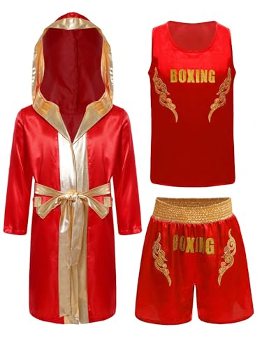 CHICTRY Kinder Jungen Boxer Kickboxer Kostüm Langarm Satin Kapuzen Robe + Ärmellos Sport T-shirt + Boxing Shorts Kampfsport Kampfausrüstung Kleidung Rot 146-152 CHICTRY Kinder Jungen Boxer Kickboxer Kostüm Langarm Satin Kapuzen Robe + Ärmellos Sport T-shirt + Boxing Shorts Kampfsport Kampfausrüstung Kleidung Rot 146-152 von CHICTRY