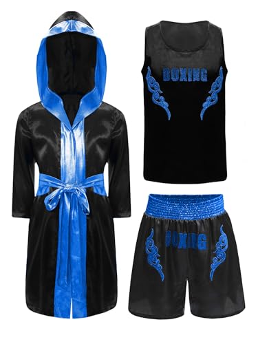 CHICTRY Kinder Jungen Boxer Kickboxer Kostüm Langarm Satin Kapuzen Robe + Ärmellos Sport T-shirt + Boxing Shorts Kampfsport Kampfausrüstung Kleidung Schwarz Blau 158-164 CHICTRY Kinder Jungen Boxer Kickboxer Kostüm Langarm Satin Kapuzen Robe + Ärmellos Sport T-shirt + Boxing Shorts Kampfsport Kampfausrüstung Kleidung Schwarz Blau 158-164 von CHICTRY