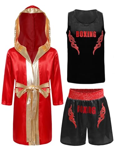 CHICTRY Kinder Jungen Boxer Kickboxer Kostüm Langarm Satin Kapuzen Robe + Ärmellos Sport T-shirt + Boxing Shorts Kampfsport Kampfausrüstung Kleidung Schwarz Rot 122-128 CHICTRY Kinder Jungen Boxer Kickboxer Kostüm Langarm Satin Kapuzen Robe + Ärmellos Sport T-shirt + Boxing Shorts Kampfsport Kampfausrüstung Kleidung Schwarz Rot 122-128 von CHICTRY