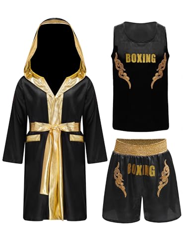 CHICTRY Kinder Jungen Boxer Kickboxer Kostüm Langarm Satin Kapuzen Robe + Ärmellos Sport T-shirt + Boxing Shorts Kampfsport Kampfausrüstung Kleidung Schwarzes Gold 134-140 CHICTRY Kinder Jungen Boxer Kickboxer Kostüm Langarm Satin Kapuzen Robe + Ärmellos Sport T-shirt + Boxing Shorts Kampfsport Kampfausrüstung Kleidung Schwarzes Gold 134-140 von CHICTRY