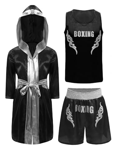 CHICTRY Kinder Jungen Boxer Kickboxer Kostüm Langarm Satin Kapuzen Robe + Ärmellos Sport T-shirt + Boxing Shorts Kampfsport Kampfausrüstung Kleidung Schwarzes Silber 158-164 CHICTRY Kinder Jungen Boxer Kickboxer Kostüm Langarm Satin Kapuzen Robe + Ärmellos Sport T-shirt + Boxing Shorts Kampfsport Kampfausrüstung Kleidung Schwarzes Silber 158-164 von CHICTRY