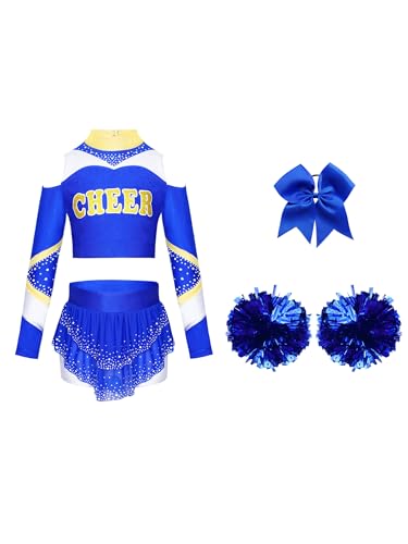CHICTRY Kinder Mädchen Cheer Leader Kostüm Langarm Bauchfrei Tanz Oberteil Mit Strass Glitzer Faltenrock Schleife Stirnband Pompons Tanzkostüm Blau 146-152 CHICTRY Kinder Mädchen Cheer Leader Kostüm Langarm Bauchfrei Tanz Oberteil Mit Strass Glitzer Faltenrock Schleife Stirnband Pompons Tanzkostüm Blau 146-152 von CHICTRY