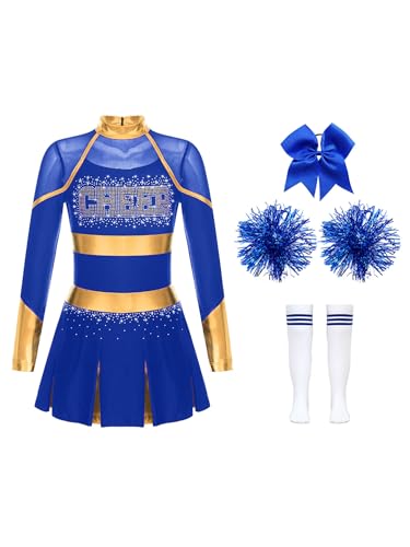 CHICTRY Kinder Mädchen Cheer Leader Kostüm Langarm Cheerleading Kleid Metallic Patchwork Tanzkleid Mit Schleife Stirnband Strümpfe Handblumen Tanzkostüm B Blau 122-128 CHICTRY Kinder Mädchen Cheer Leader Kostüm Langarm Cheerleading Kleid Metallic Patchwork Tanzkleid Mit Schleife Stirnband Strümpfe Handblumen Tanzkostüm B Blau 122-128 von CHICTRY