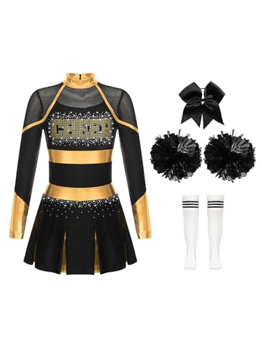 CHICTRY Kinder Mädchen Cheer Leader Kostüm Langarm Cheerleading Kleid Metallic Patchwork Tanzkleid Mit Schleife Stirnband Strümpfe Handblumen Tanzkostüm Gold und Weiß 146-152 CHICTRY Kinder Mädchen Cheer Leader Kostüm Langarm Cheerleading Kleid Metallic Patchwork Tanzkleid Mit Schleife Stirnband Strümpfe Handblumen Tanzkostüm Gold und Weiß 146-152 von CHICTRY