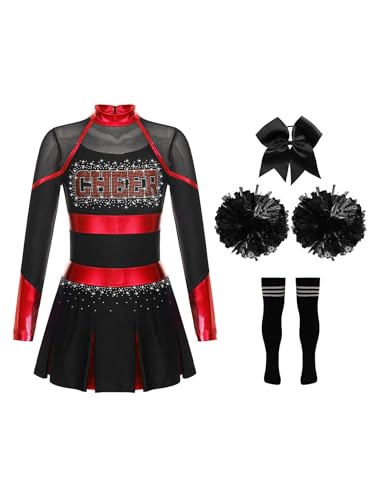 CHICTRY Kinder Mädchen Cheer Leader Kostüm Langarm Cheerleading Kleid Metallic Patchwork Tanzkleid Mit Schleife Stirnband Strümpfe Handblumen Tanzkostüm Rot schwarz 134-140 CHICTRY Kinder Mädchen Cheer Leader Kostüm Langarm Cheerleading Kleid Metallic Patchwork Tanzkleid Mit Schleife Stirnband Strümpfe Handblumen Tanzkostüm Rot schwarz 134-140 von CHICTRY