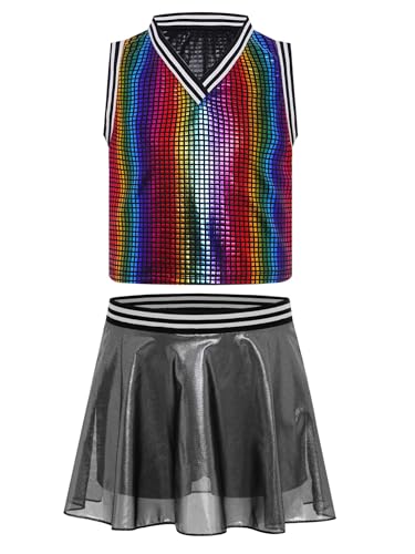 CHICTRY Kinder Mädchen Cheer Leader Kostüm Pailletten Glitzer Shirt Streifen V-Ausschnitt Oberteil A Linien Tanzrock Glockenrock Mit Innenshorts Dancewear Bunt 146-152 CHICTRY Kinder Mädchen Cheer Leader Kostüm Pailletten Glitzer Shirt Streifen V-Ausschnitt Oberteil A Linien Tanzrock Glockenrock Mit Innenshorts Dancewear Bunt 146-152 von CHICTRY