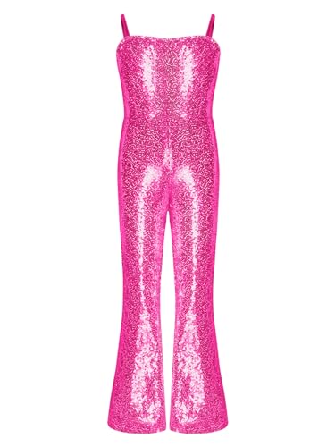 CHICTRY Kinder Mädchen Film Charakter Cowgirl Kostüm Pailletten Overall Ärmellos Jumpsuit Mit Schlag 70er 80er Jahre Hippie Disco Outfit Hot Pink 134-140 von CHICTRY