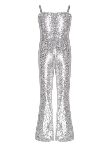 CHICTRY Kinder Mädchen Film Charakter Cowgirl Kostüm Pailletten Overall Ärmellos Jumpsuit Mit Schlag 70er 80er Jahre Hippie Disco Outfit Silber 158-164 von CHICTRY