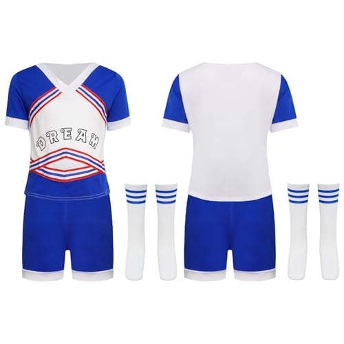 CHICTRY Kinder Mädchen Junge Cheer Leader Kostüm 2er Pack Schuluniform Kurzarm Crop Top Patchwork Oberteil Mit Shorts Streifen Strümpfe Outfits Blau 146-152 CHICTRY Kinder Mädchen Junge Cheer Leader Kostüm 2er Pack Schuluniform Kurzarm Crop Top Patchwork Oberteil Mit Shorts Streifen Strümpfe Outfits Blau 146-152 von CHICTRY
