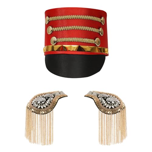 CHICTRY Kinder Marching Band Hut mit Schulterklappe Set Uniform Soldatenhut Schulter Brosche Majorette Trommler Hut Epaulett Performance Rot B One Size CHICTRY Kinder Marching Band Hut mit Schulterklappe Set Uniform Soldatenhut Schulter Brosche Majorette Trommler Hut Epaulett Performance Rot B One Size von CHICTRY