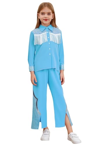 CHICTRY Mädchen Rosa Kostüm Film Charakter Cosplay Cowgirl Jacke Langarm Fransenjacke Pailletten Schlaghose Leggings Kinder Outfits Geburtstag Bühne Party Blau 158-164 von CHICTRY