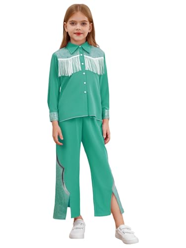 CHICTRY Mädchen Rosa Kostüm Film Charakter Cosplay Cowgirl Jacke Langarm Fransenjacke Pailletten Schlaghose Leggings Kinder Outfits Geburtstag Bühne Party Grün 158-164 von CHICTRY