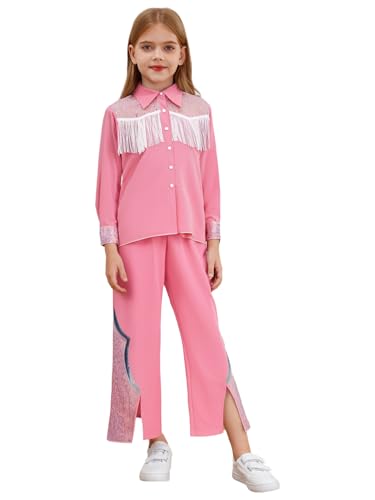 CHICTRY Mädchen Rosa Kostüm Film Charakter Cosplay Cowgirl Jacke Langarm Fransenjacke Pailletten Schlaghose Leggings Kinder Outfits Geburtstag Bühne Party Rosa 122-128 von CHICTRY