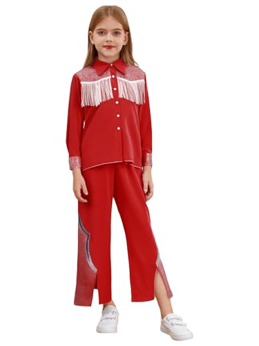 CHICTRY Mädchen Rosa Kostüm Film Charakter Cosplay Cowgirl Jacke Langarm Fransenjacke Pailletten Schlaghose Leggings Kinder Outfits Geburtstag Bühne Party Rot 146-152 von CHICTRY