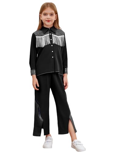CHICTRY Mädchen Rosa Kostüm Film Charakter Cosplay Cowgirl Jacke Langarm Fransenjacke Pailletten Schlaghose Leggings Kinder Outfits Geburtstag Bühne Party Schwarz 122-128 von CHICTRY