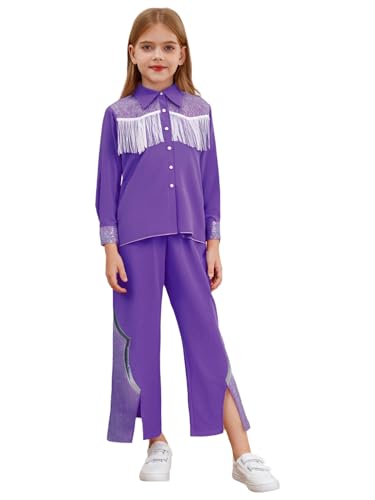 CHICTRY Mädchen Rosa Kostüm Film Charakter Cosplay Cowgirl Jacke Langarm Fransenjacke Pailletten Schlaghose Leggings Kinder Outfits Geburtstag Bühne Party Violett 146-152 von CHICTRY
