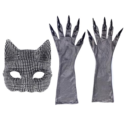 CHICTRY Maskerade Katze Maske Tier Handschuhe Set Strass Halbgesichtsmaske Tier Krallen Handschuhe Halloween Fasching Karneval Mottoparty Katze Set One Size von CHICTRY
