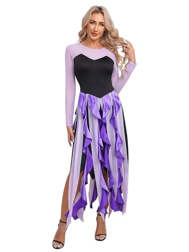 CHICTRY Meerhexe Kostüm Damen Langarm Böse Hexe Kleid Schwarz Lila Patchwork Partykleid A Linien Tanzkleid Mit Asymetrisch Rüschen Saum Hexenkostüm Violett XXL von CHICTRY