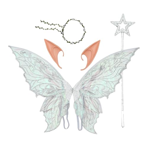 CHICTRY Prinzessin Fee Kostüm Set Glitzernde Schmetterlingsflügel Blumenkranz Und Stern Zauberstab Für Halloween Silber Einheitsgröße CHICTRY Prinzessin Fee Kostüm Set Glitzernde Schmetterlingsflügel Blumenkranz Und Stern Zauberstab Für Halloween Silber Einheitsgröße von CHICTRY