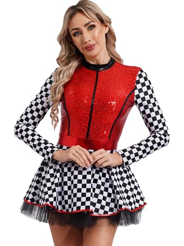 CHICTRY Rennfahrer Kostüm Damen Schachbrettmuster Kleid Langarm Pailletten Overall Kurz Jumpsuit Mit Tutu Tüllrock Für Fasching Karneval Mottoparty Rot M von CHICTRY