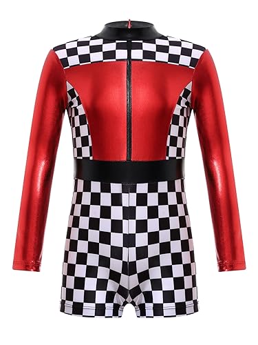 CHICTRY Rennfahrer Kostüm Kinder Mädchen Racer Jumpsuit Metallic Glitzer Overall Kurz Romper Langarm Tanzanzug Mit Schachbrettmuster Rot 158-164 von CHICTRY