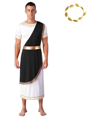 CHICTRY Römischer Gott Kostüm Herren Toga Kleid Kurzarm Tunika Kleid Lang Gewand Mit Lorbeerkranz Kopfschmuck Für Fasching Karneval Schwarz 3XL von CHICTRY