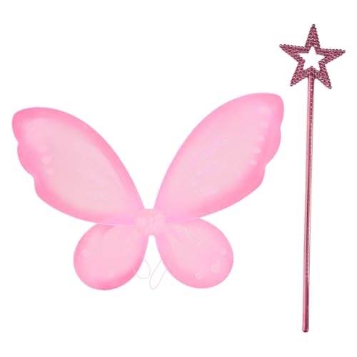 CHICTRY Schmetterlinge Flügel für Mädchen, Fee Engelsflügel mit Feenstab Halloween Party Cosplay Requisiten Rosa&Rosa One Size von CHICTRY