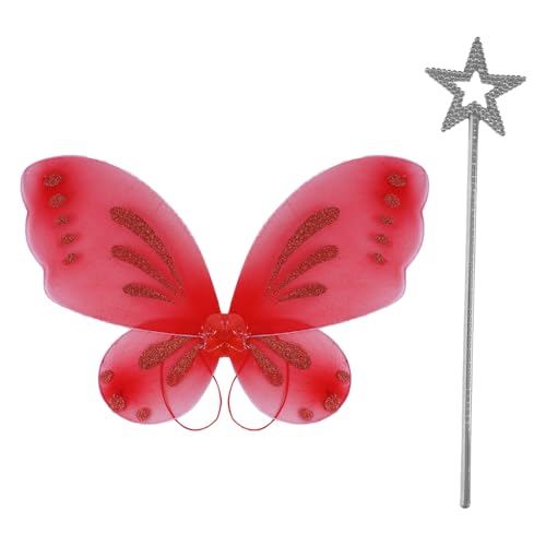 CHICTRY Schmetterlinge Flügel für Mädchen, Fee Engelsflügel mit Feenstab Halloween Party Cosplay Requisiten Rot und Silber One Size CHICTRY Schmetterlinge Flügel für Mädchen, Fee Engelsflügel mit Feenstab Halloween Party Cosplay Requisiten Rot und Silber One Size von CHICTRY