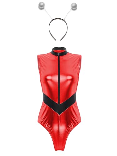 CHICTRY Spacegirl Kostü Damen Alien Outfit Metallic Body Ärmellos Catsuit Mit Alien Stirnband Fasching Karneval Weltraumanzug Rot XL von CHICTRY