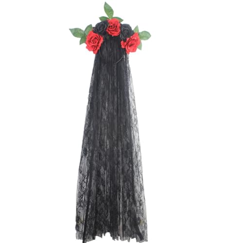 CHICTRY Tag Der Toten Stirnband Schwarze Schleier Trauer Gothische Blumen Stirnbänder Für Halloween Party Rot Schwarz Einheitsgröße von CHICTRY