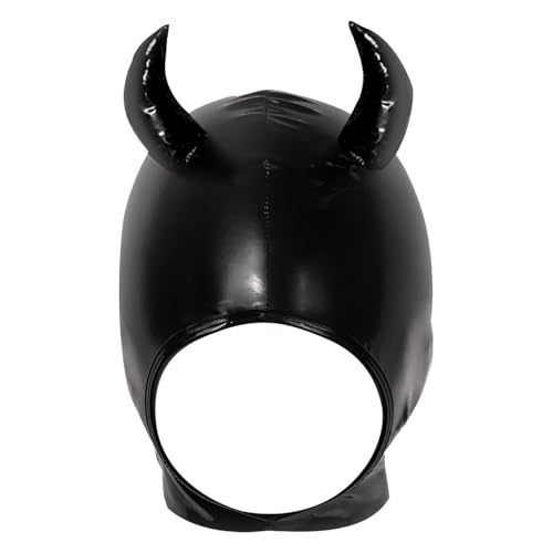 CHICTRY Unisex 3 Löcher Kunstleder Maske mit Hörner Deko Dämon Kopfmaske Nightclub Catsuit Kopfhaube für Paar Spiel Schwarz A L von CHICTRY