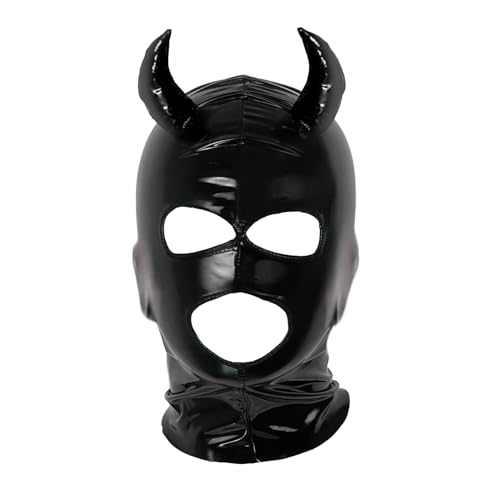 CHICTRY Unisex 3 Löcher Kunstleder Maske mit Hörner Deko Dämon Kopfmaske Nightclub Catsuit Kopfhaube für Paar Spiel Schwarz B M von CHICTRY